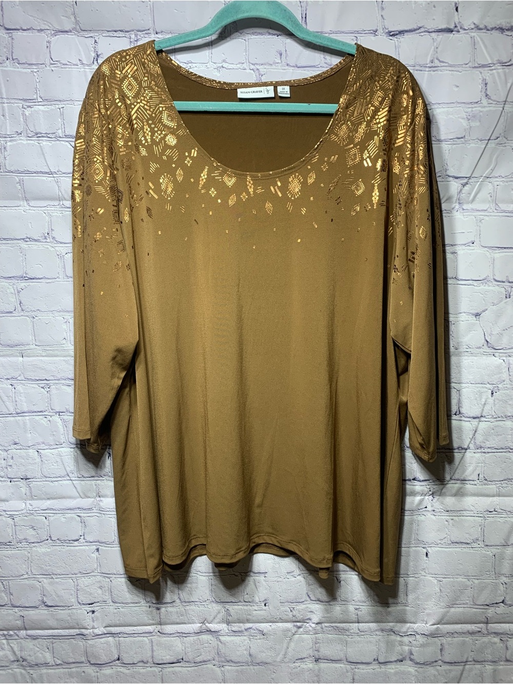 Susan Graver Womens Liquid Knit 3/4 Sleeve Top Brown Aztec Print Sz 3X Casual